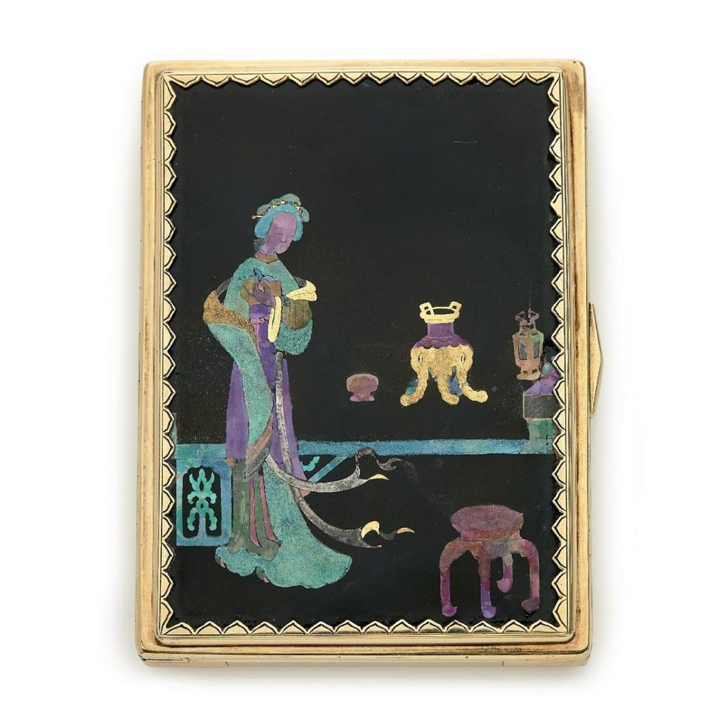 An Art Deco lacquer, mother of shell and 18K gold powder box