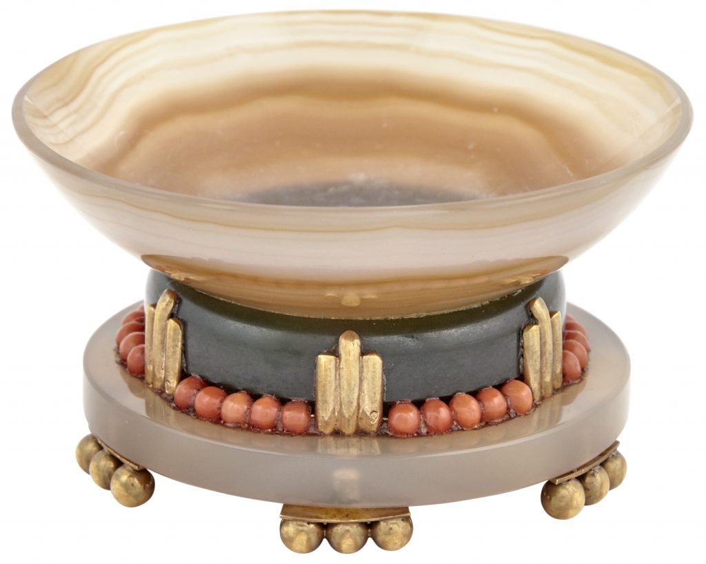 French Art Deco Gold Mounted Agate, Hardstone and Coral Miniature Footed Bowl