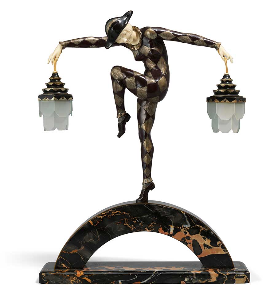 MARCEL-ANDRÉ BOURAINE (1886-1948) ‘HARLEQUIN’, A RARE ART DECO FIGURAL LAMP