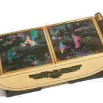 A FRENCH ART DECO GOLD AND LACQUE BURGAUTÉ DOUBLE CIGARETTE BOX